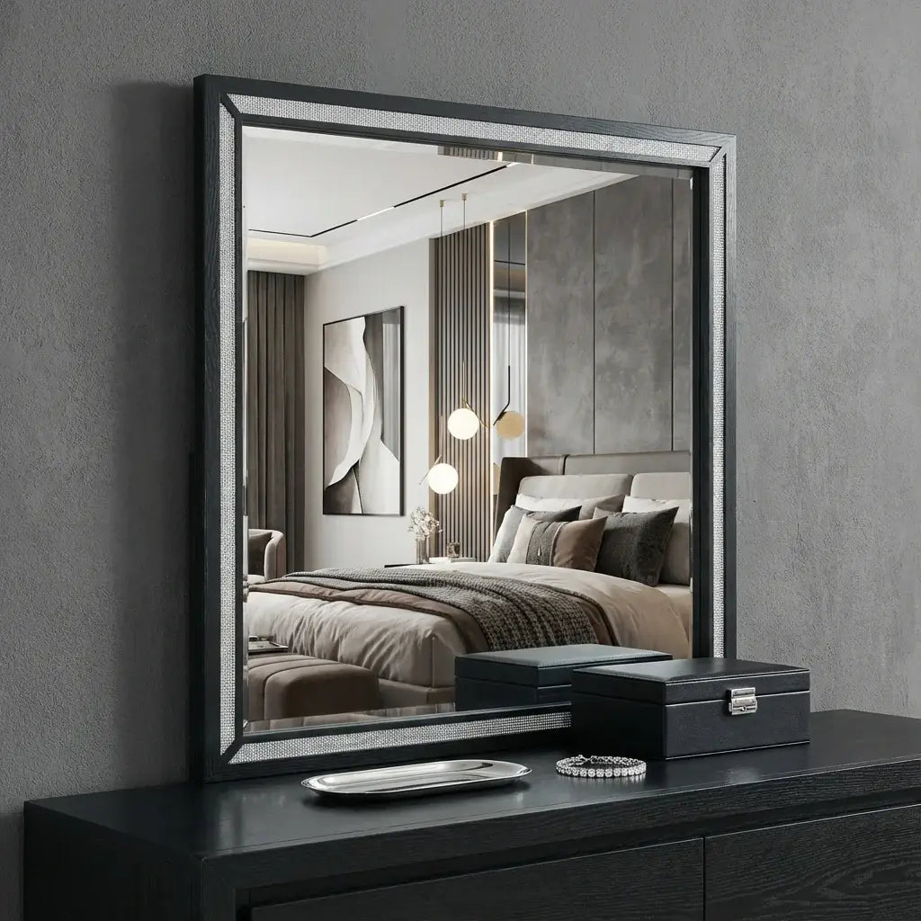 37" Black Faux Crystal And Wood Dresser Mount Framed Mirror - Homeroots - Flyclothing LLC