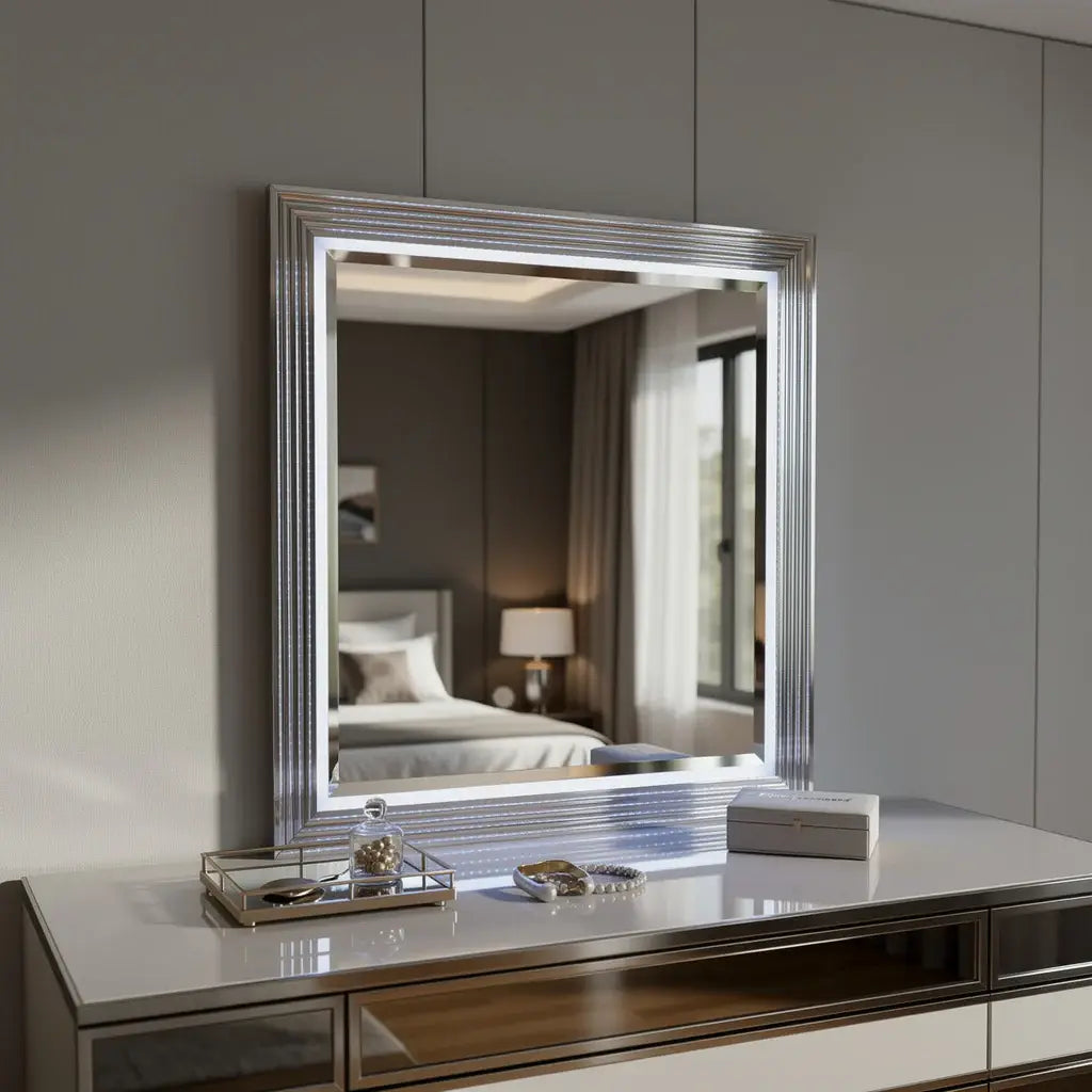 42" Silver And White Wood Square Lighted Dresser Mount Framed Mirror - Homeroots - Flyclothing LLC