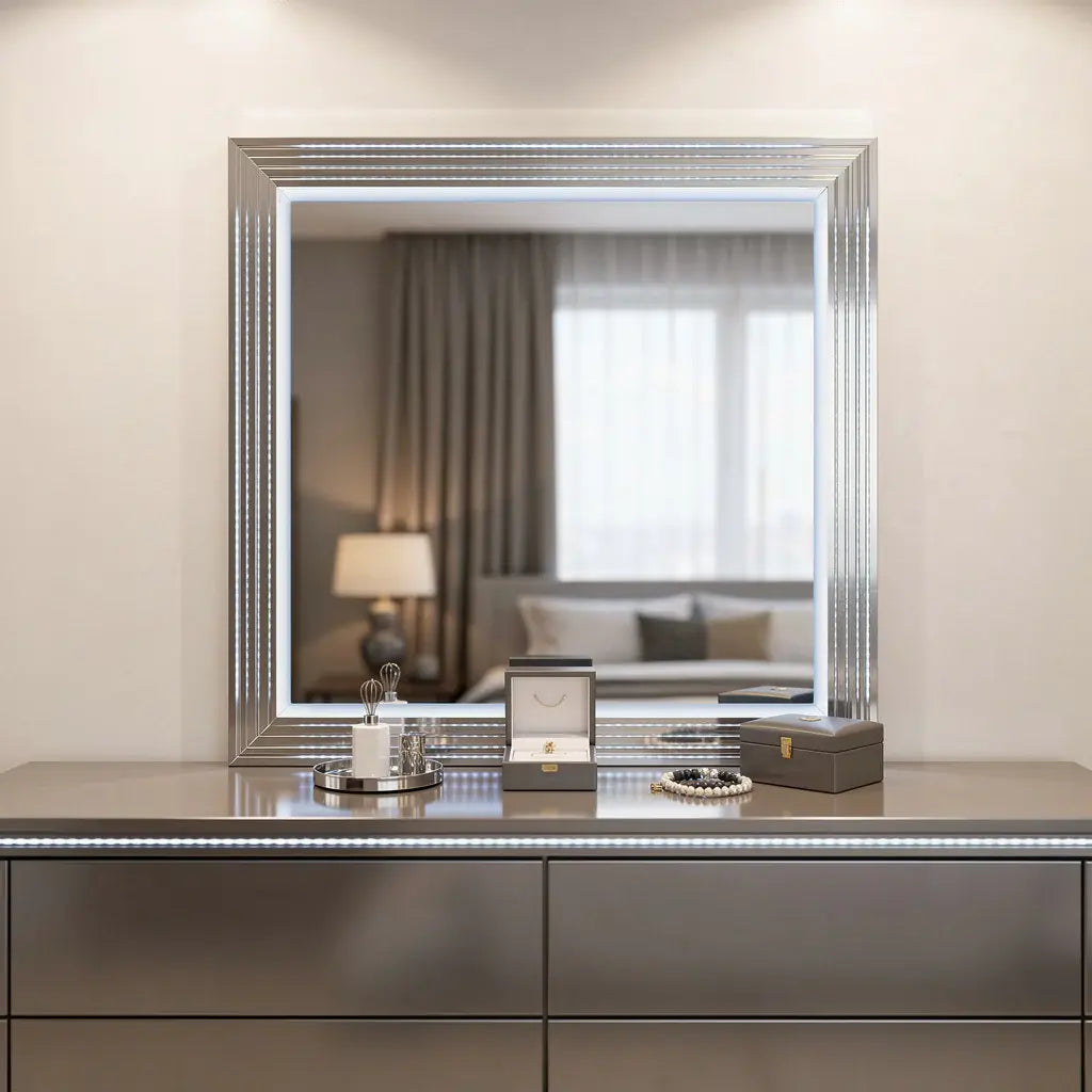 42" White Wood Square Lighted Dresser Mount Framed Mirror - Homeroots - Flyclothing LLC
