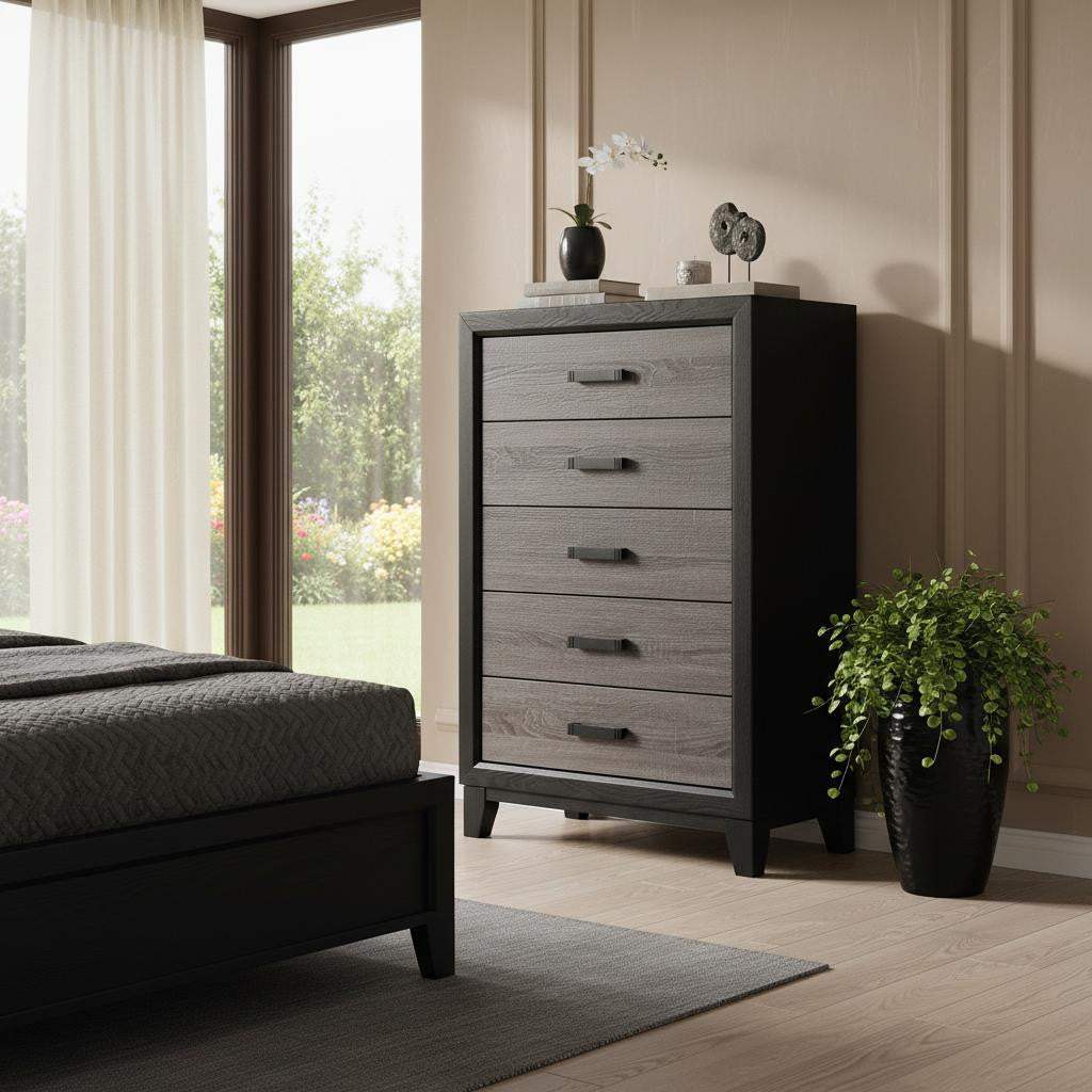 32" Black And Gray Wood Five Drawer Dresser - HomeRoots - Flyclothing LLC