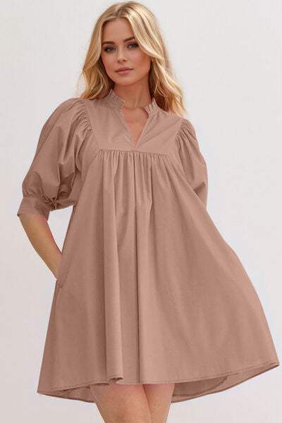 Oh Frill Notched Puff Sleeve Babydoll Mini Dress - Trendsi - Flyclothing LLC