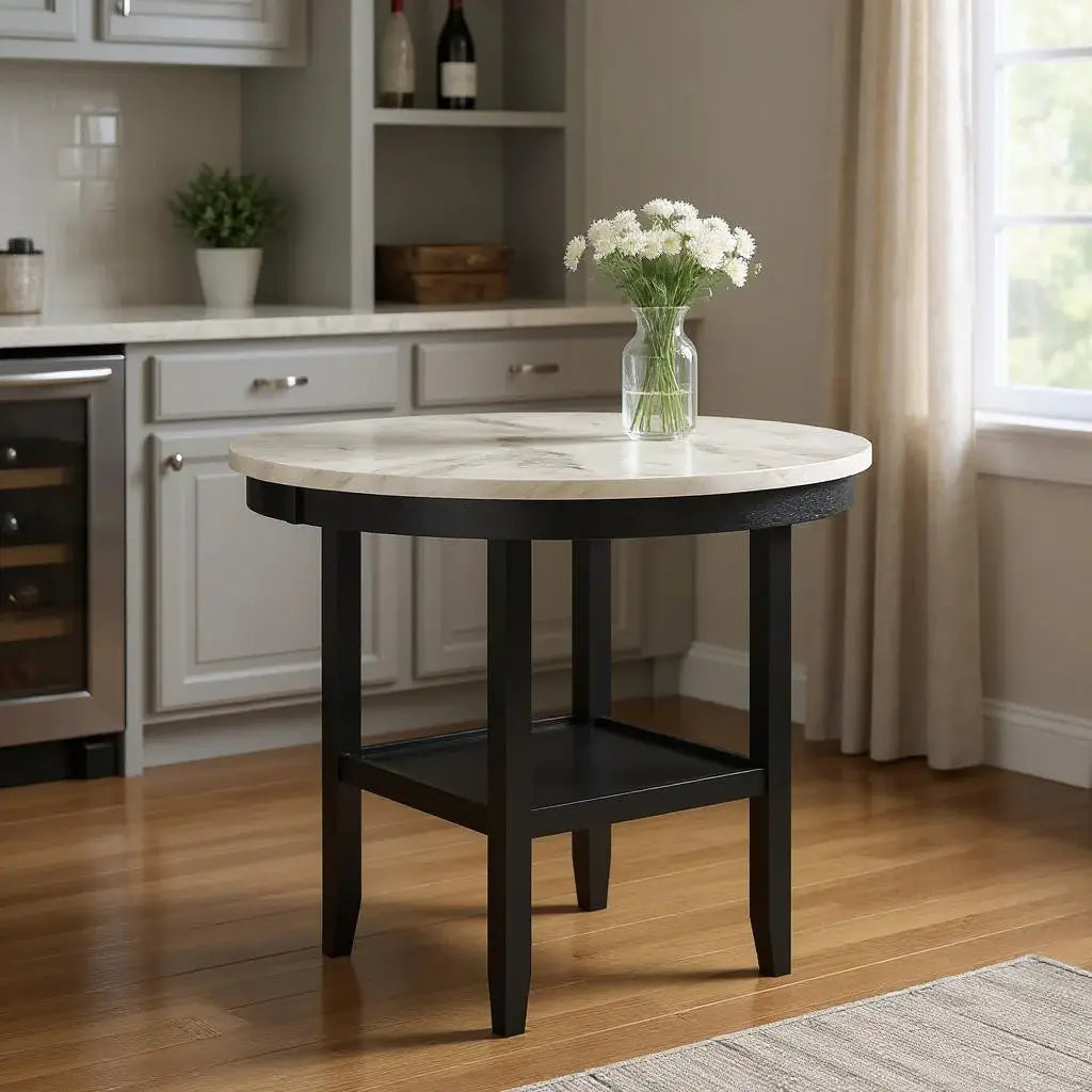 42" White and Black Wood And Faux Marble Round Counter Height Bar Table - Homeroots - Flyclothing LLC
