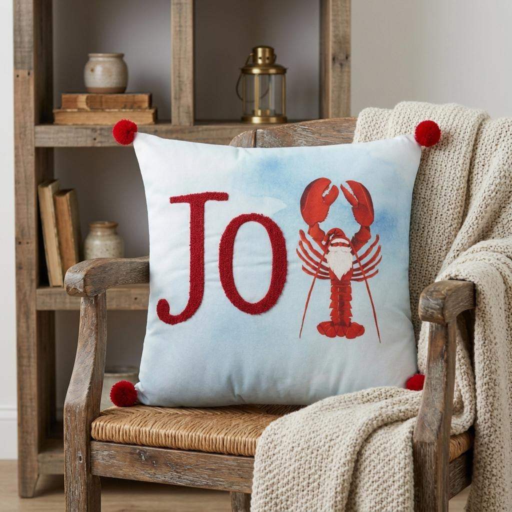 18" Blue White And Red Lobster Joy Throw Pillow with Embroidery - HomeRoots - Flyclothing LLC