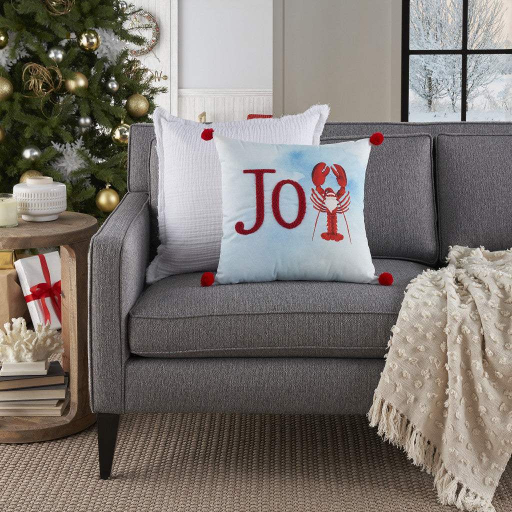 18" Blue White And Red Lobster Joy Throw Pillow with Embroidery - HomeRoots - Flyclothing LLC