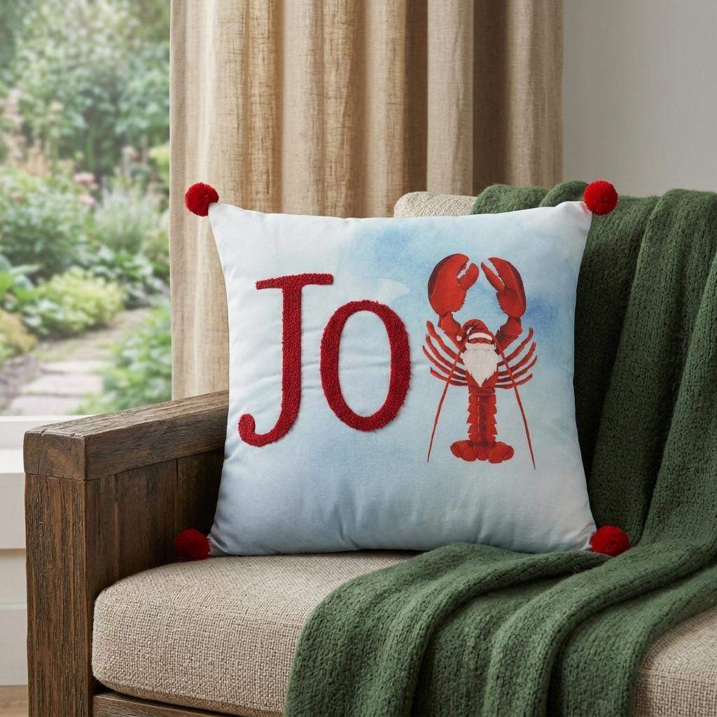 18" Blue White And Red Lobster Joy Throw Pillow with Embroidery - HomeRoots - Flyclothing LLC