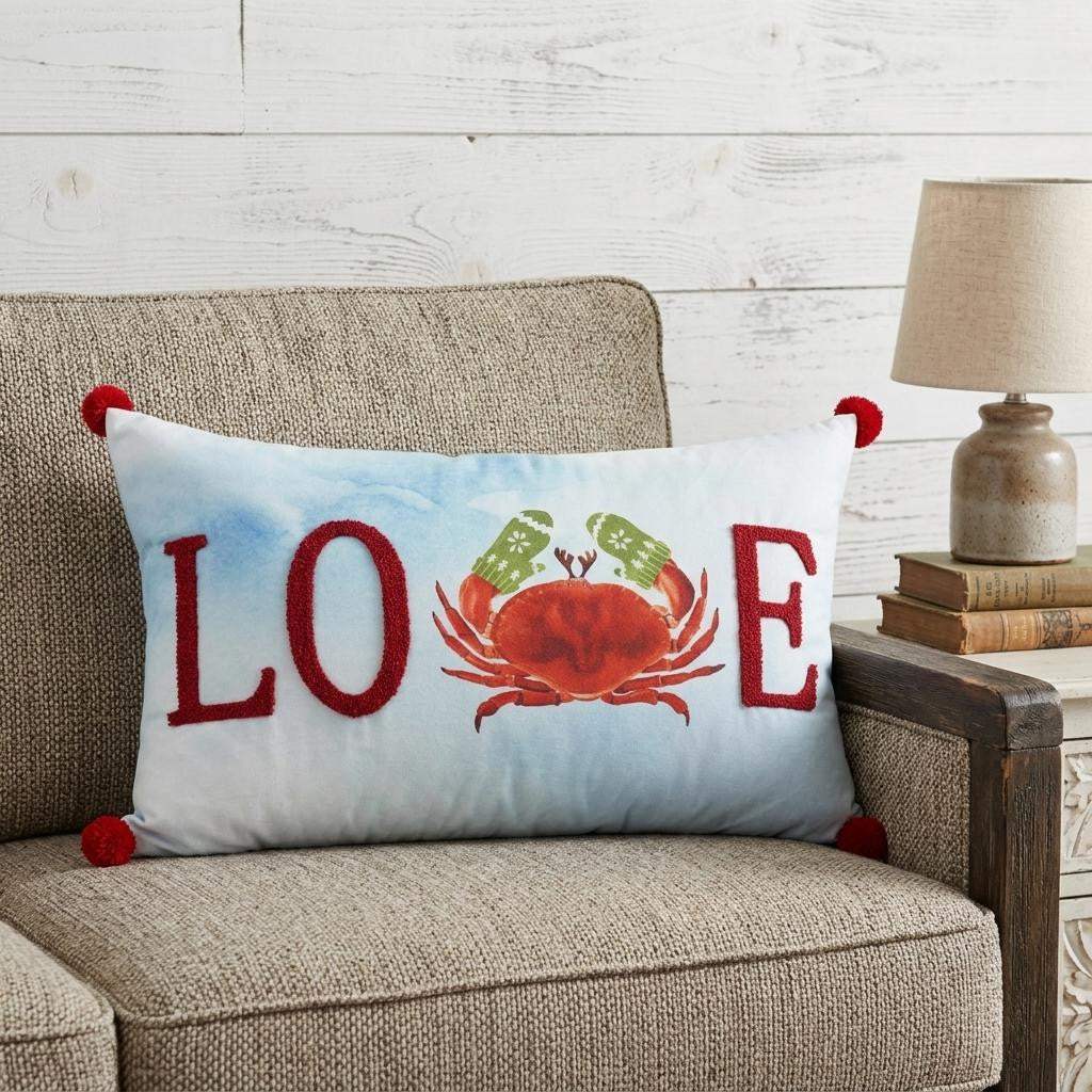 14" X 22" Blue White And Red Crab Love Throw Pillow with Embroidery - HomeRoots - Flyclothing LLC