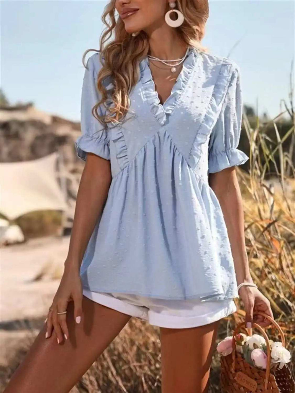 Frill V-Neck Short Sleeve Blouse - Trendsi - Flyclothing LLC
