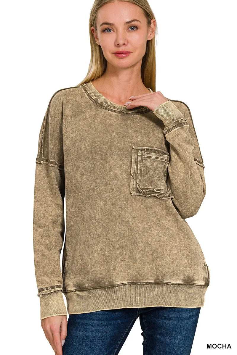 Zenana French Terry Washed Raw Edge Front Pocket Pullover - Trendsi - Flyclothing LLC
