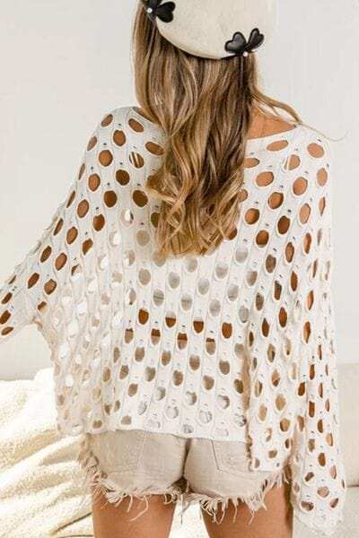 Cutout Round Neck Dropped Shoulder Knit Cover Up - Trendsi - Flyclothing LLC