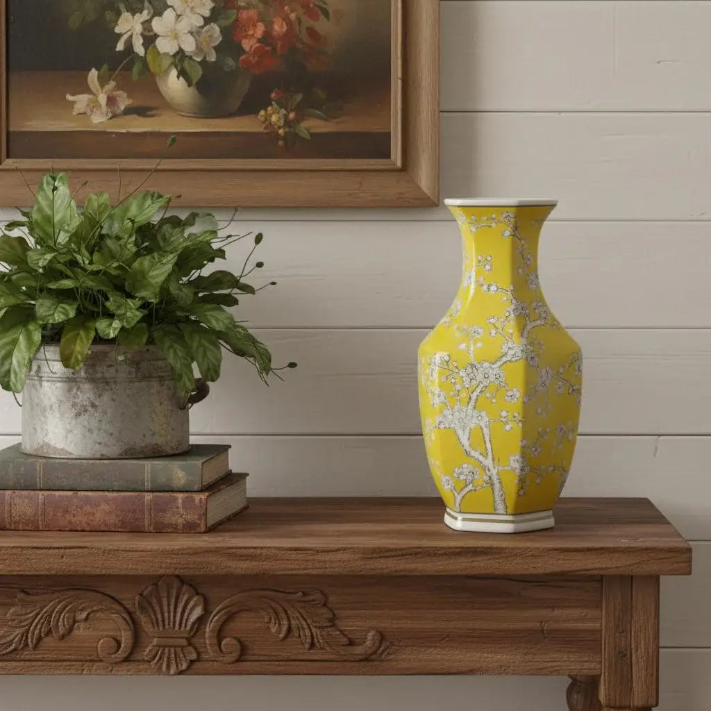 14" Yellow And White Chinoiserie Floral Porcelain Table Vase - Homeroots - Flyclothing LLC