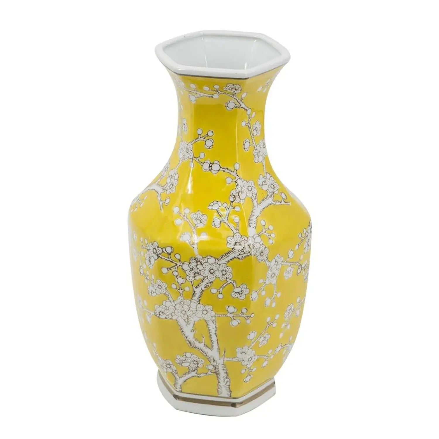 14" Yellow And White Chinoiserie Floral Porcelain Table Vase - Homeroots - Flyclothing LLC