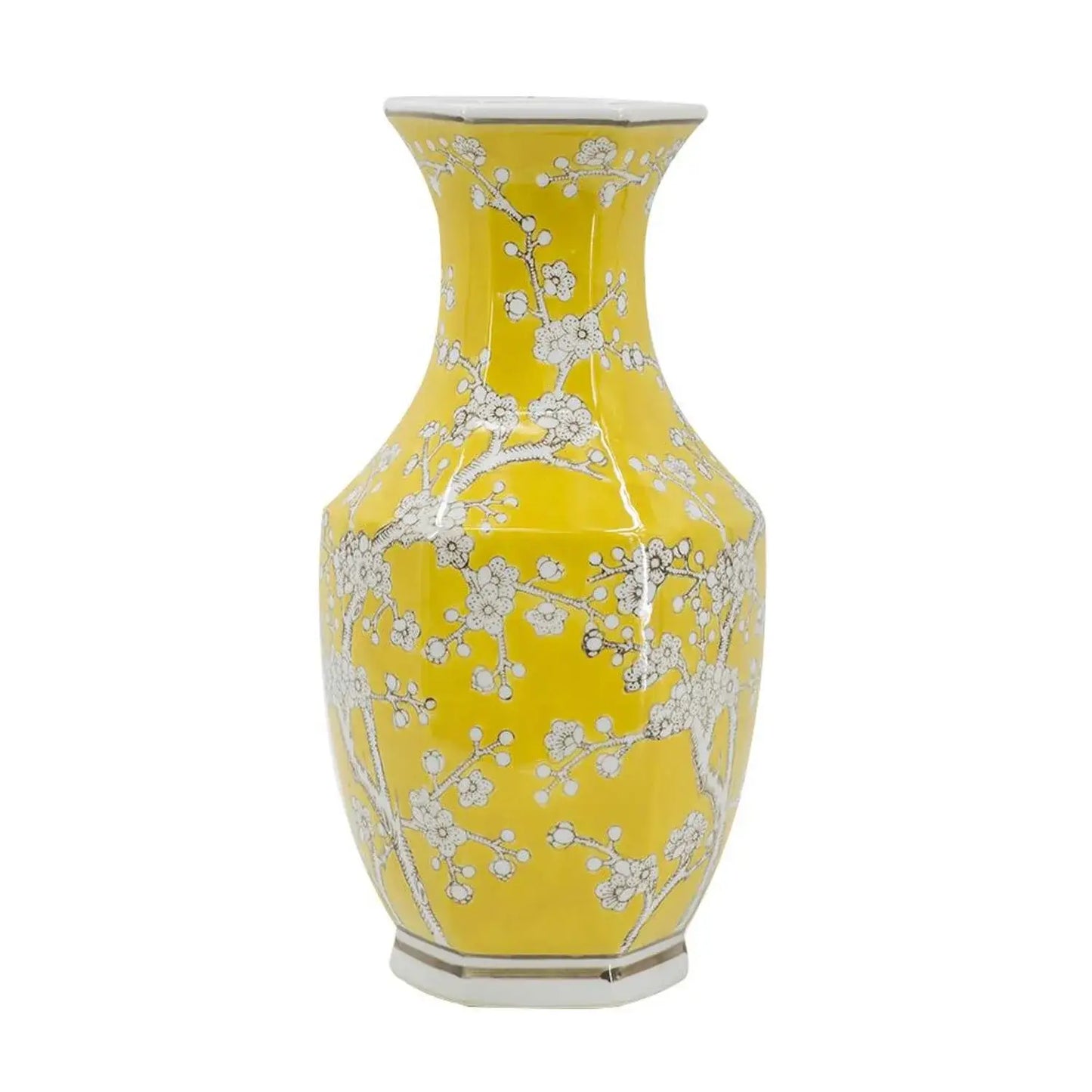 14" Yellow And White Chinoiserie Floral Porcelain Table Vase - Homeroots - Flyclothing LLC