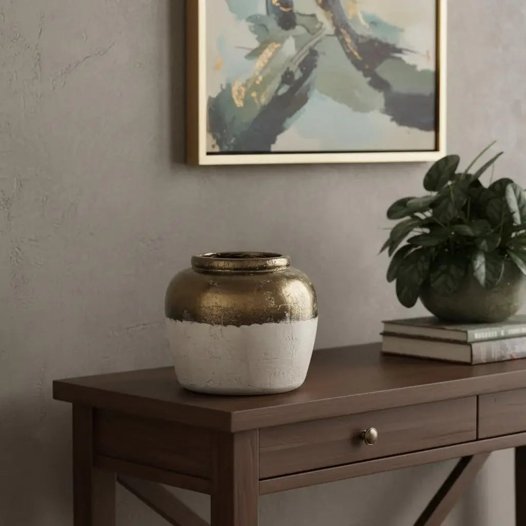 11" Antiqued Bronze And Light Gray Color Block Ceramic Round Table Vase - Homeroots - Flyclothing LLC