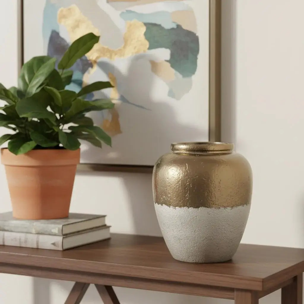 16" Antiqued Bronze And Light Gray Color Block Ceramic Round Jug Vase - Homeroots - Flyclothing LLC