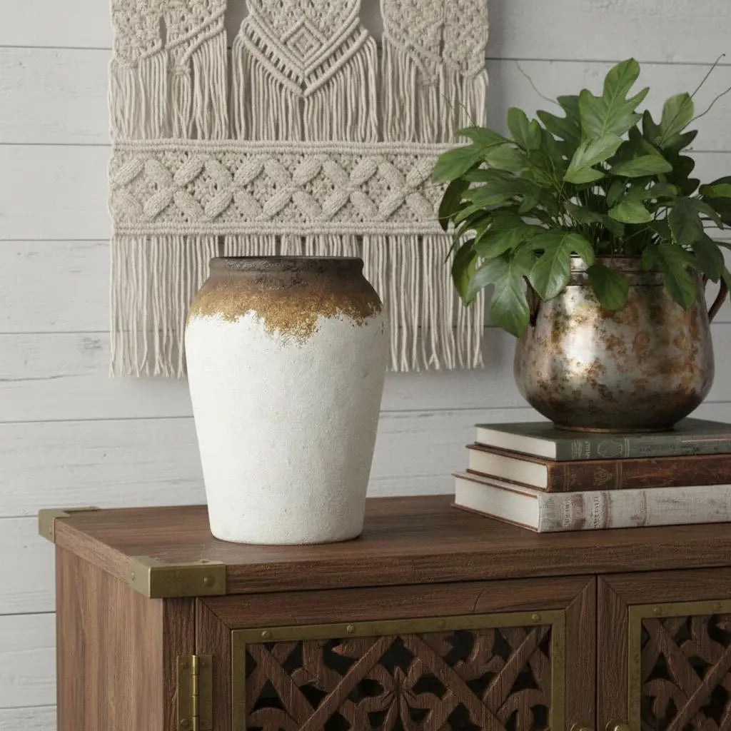 10" Brown And White Color Block Ceramic Round Jug Vase - Homeroots - Flyclothing LLC