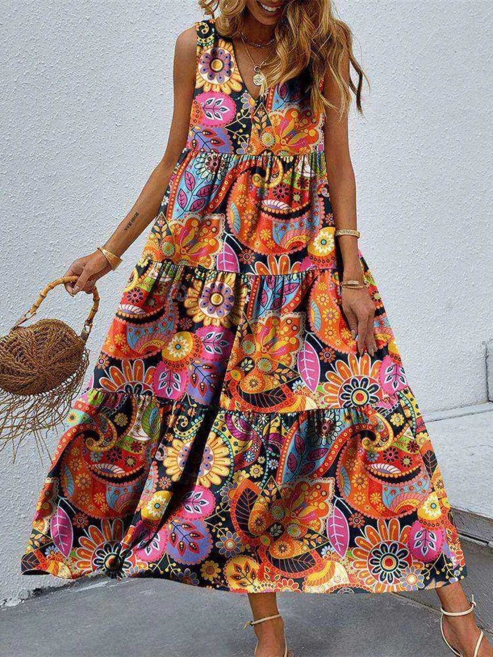 Tiered Printed V-Neck Sleeveless Dress - Trendsi - Flyclothing LLC