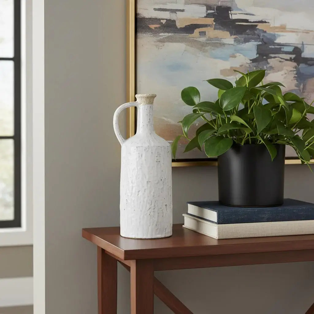 13" White Terracotta Cylinder Jug Vase - Homeroots - Flyclothing LLC