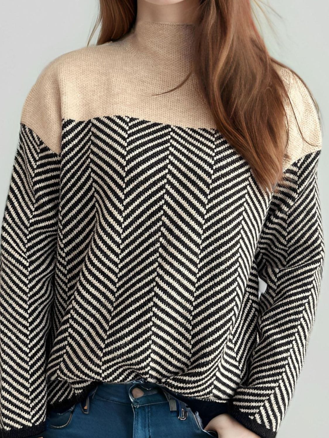 Contrast Turtleneck Long Sleeve Sweater - Trendsi
