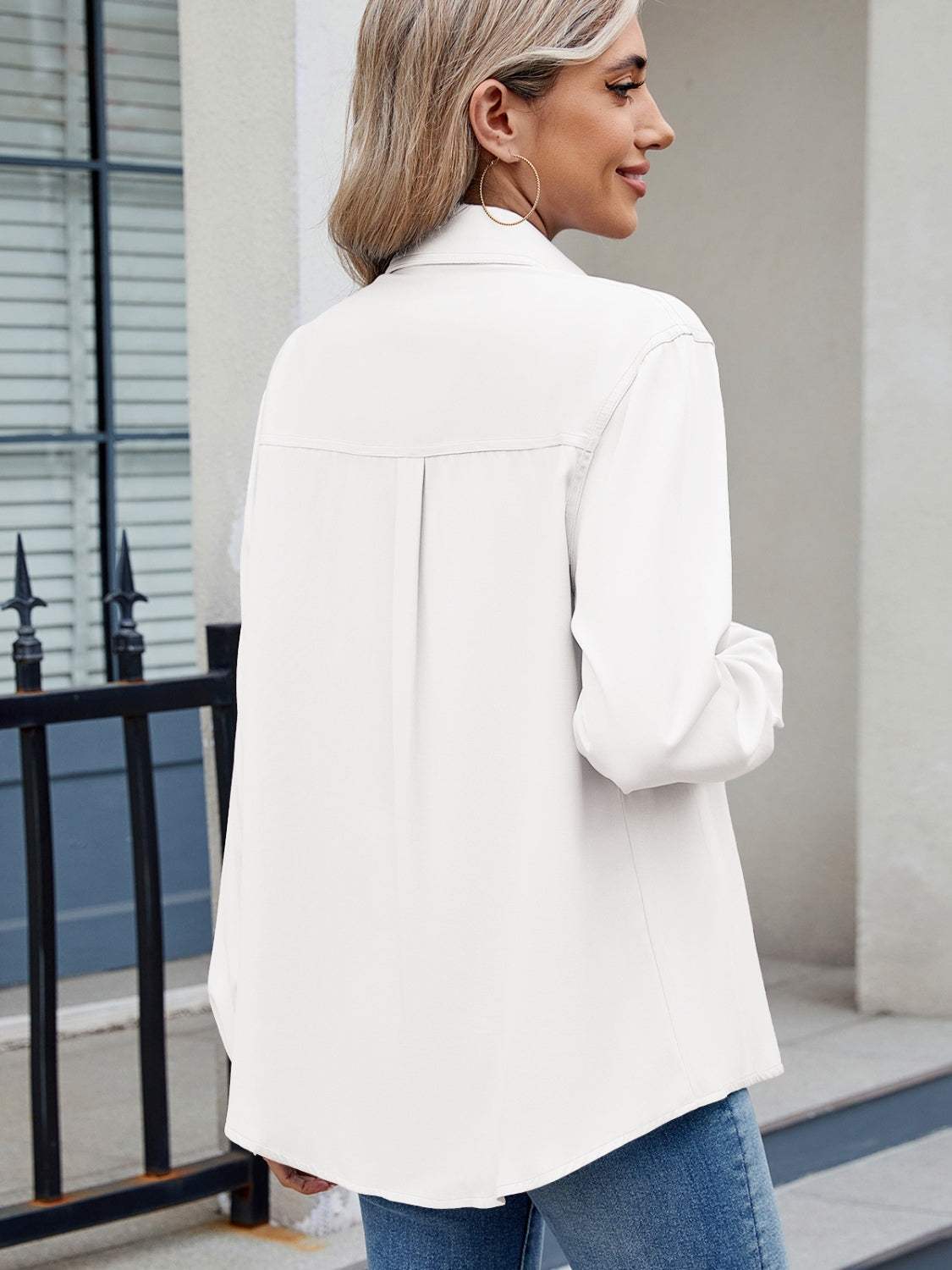 Solid Color Collared Neck Long Sleeve Shirt - Trendsi - Flyclothing LLC