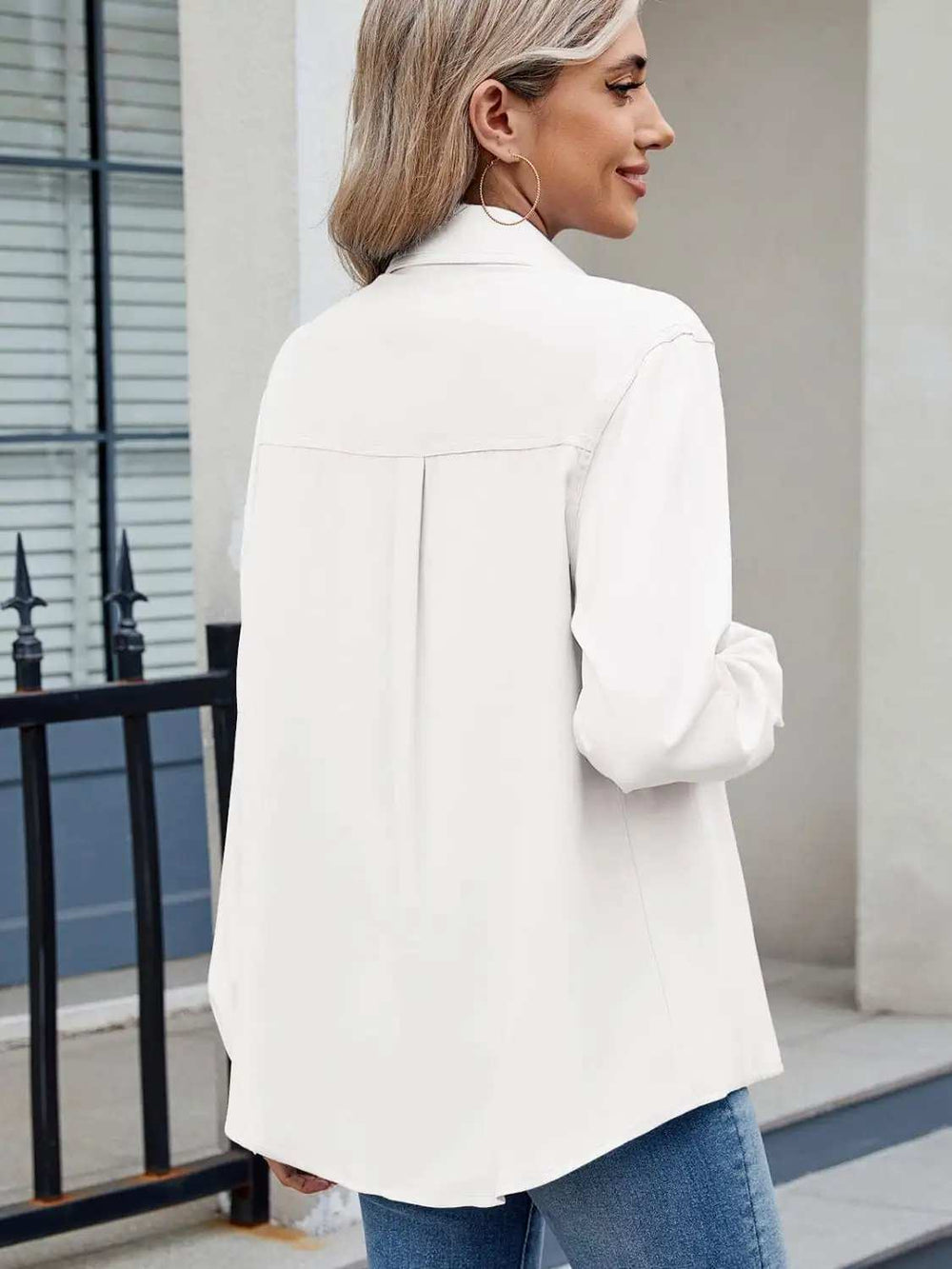 Solid Color Collared Neck Long Sleeve Shirt - Trendsi - Flyclothing LLC