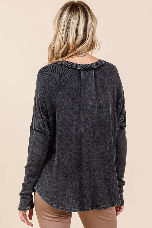 Mittoshop Washed V-Neck Long Sleeve Blouse - Trendsi - Flyclothing LLC