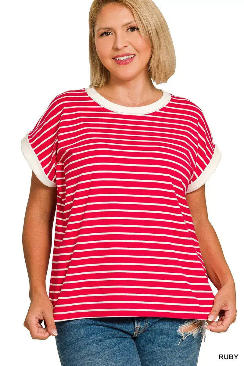 Zenana Full Size Contrast Trim Cap Sleeve Stripe Tee Plus Size - Trendsi - Flyclothing LLC