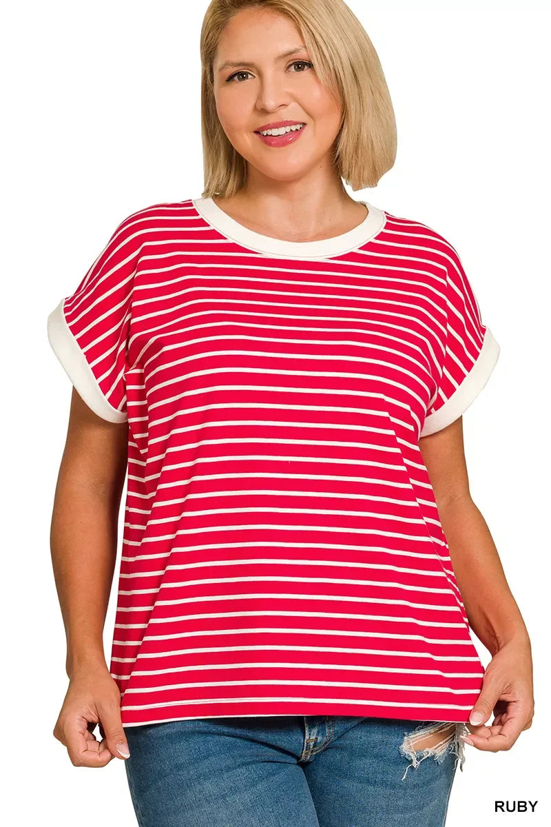 Zenana Full Size Contrast Trim Cap Sleeve Stripe Tee Plus Size - Trendsi - Flyclothing LLC
