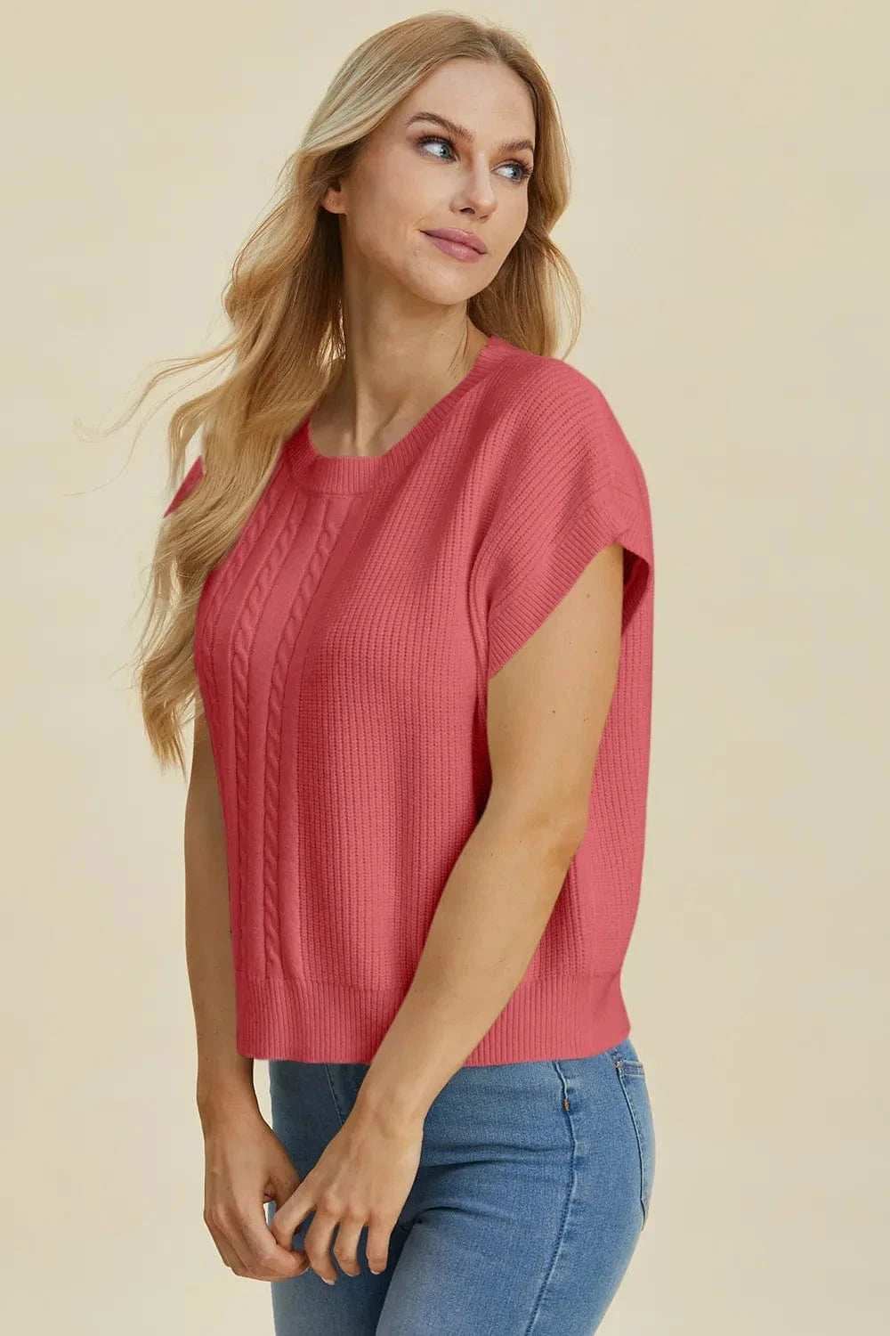 Double Take Full Size Cable-Knit Round Neck Short Sleeve Sweater - Trendsi - Flyclothing LLC