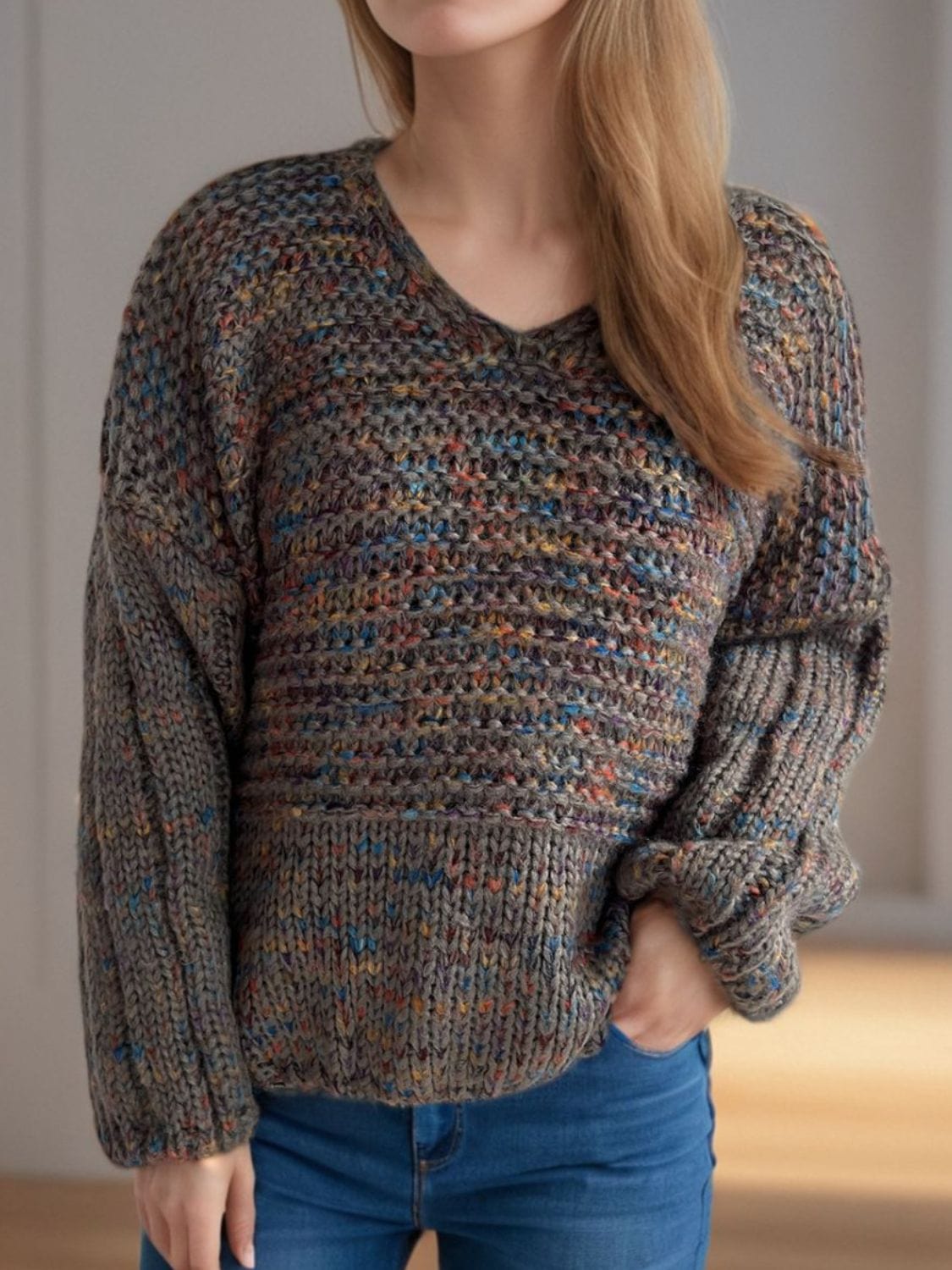 Dropped Shoulder Long Sleeve Sweater - Trendsi