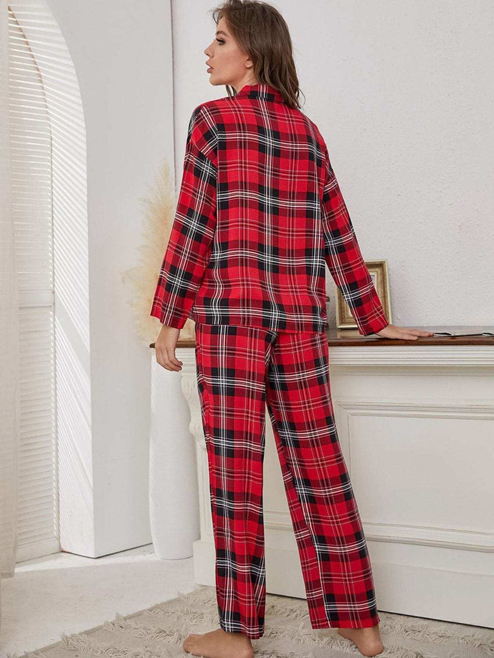 Plaid Collared Neck Long Sleeve Top and Pants Lounge Set - Trendsi - Flyclothing LLC
