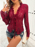 Tied V-Neck Long Sleeve Lace Top - Trendsi - Flyclothing LLC