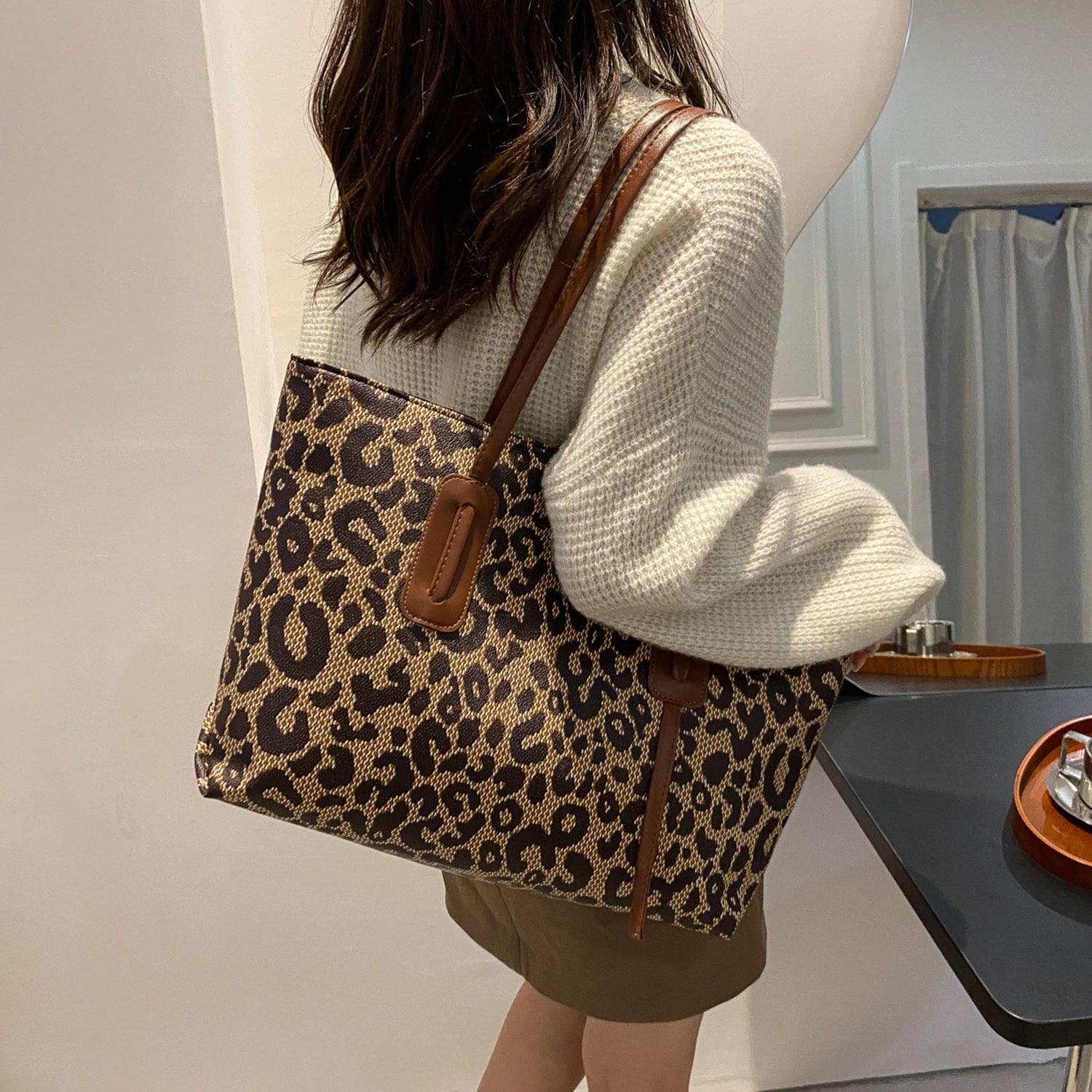 PU Leather Leopard Tote Bag - Trendsi