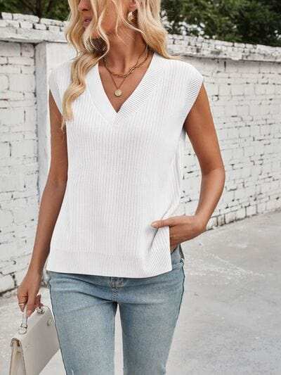 Lovelet Ribbed Slit V-Neck Sweater Vest - Trendsi - Flyclothing LLC