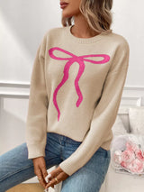 Bow Round Neck Long Sleeve Sweater - Trendsi - Flyclothing LLC