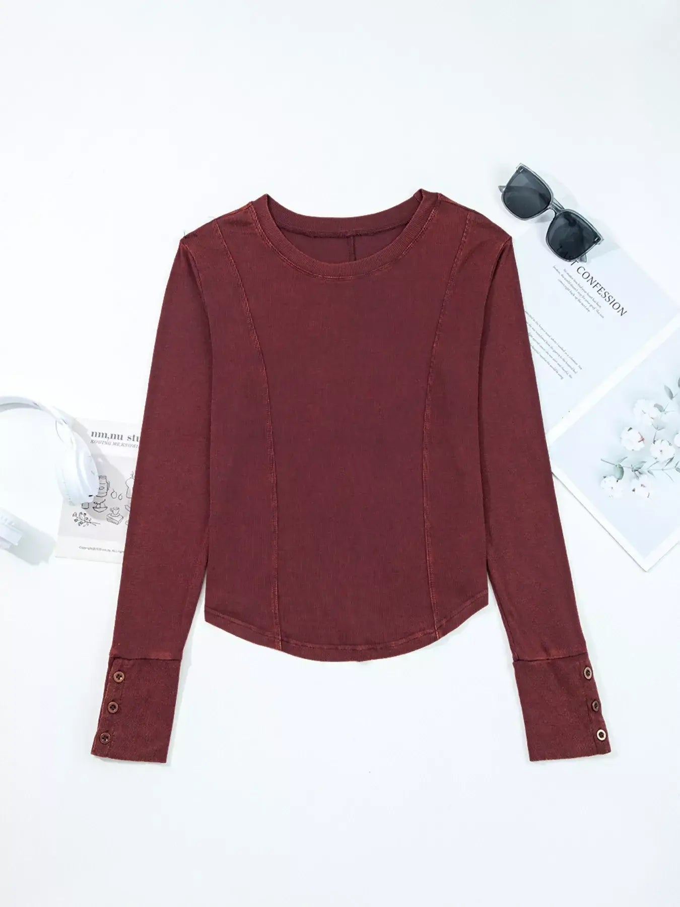 Exposed Seam Ribbed Long Sleeve Top - Trendsi - Flyclothing LLC
