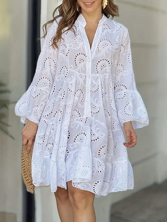 Ruffle Hem Eyelet Notched Long Sleeve Dress - Trendsi