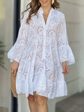 Ruffle Hem Eyelet Notched Long Sleeve Dress - Trendsi - Flyclothing LLC