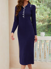 Quarter Button Long Sleeve Midi Dress - Trendsi