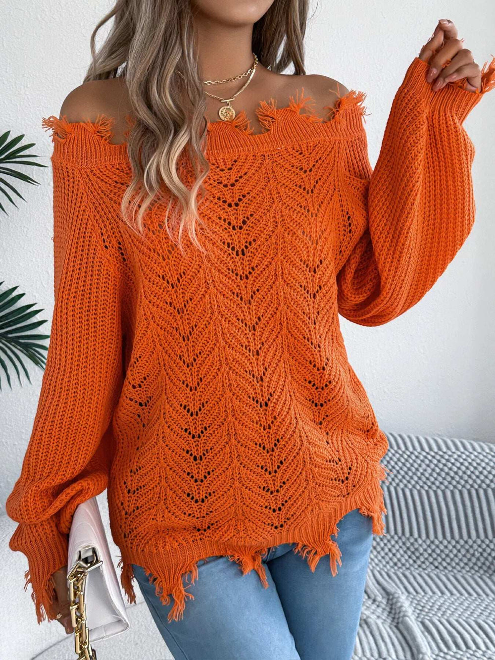 Distressed Hem Openwork Off-Shoulder Sweater - Trendsi - Flyclothing LLC