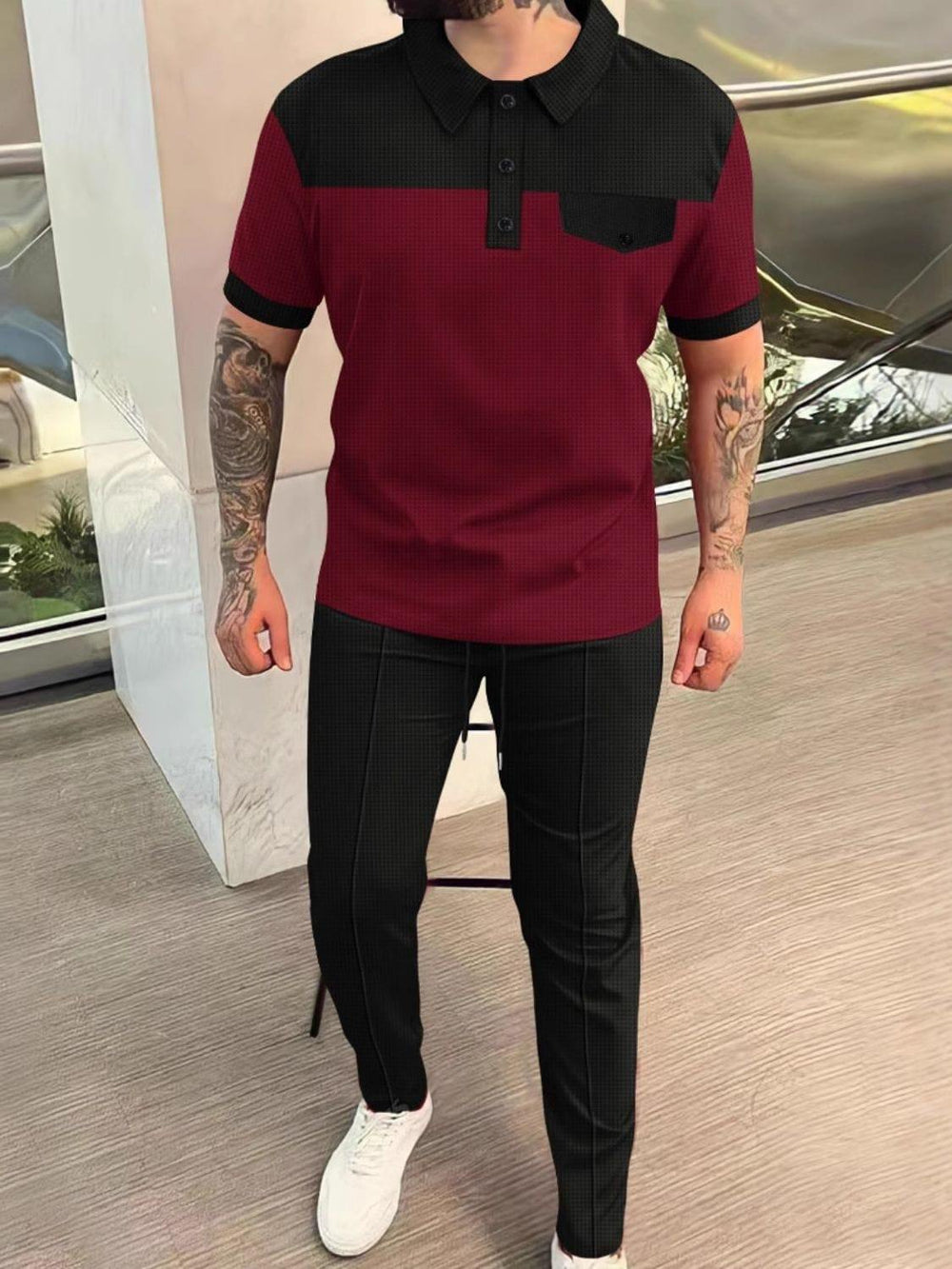 Men‘s Full Size Waffle-Knit Contrast Top and Pants Set Plus Size - Trendsi
