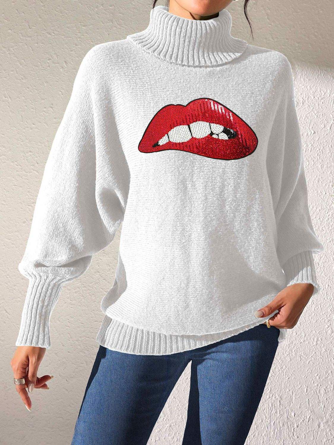 Lip Turtleneck Long Sleeve Sweater - Trendsi - Flyclothing LLC