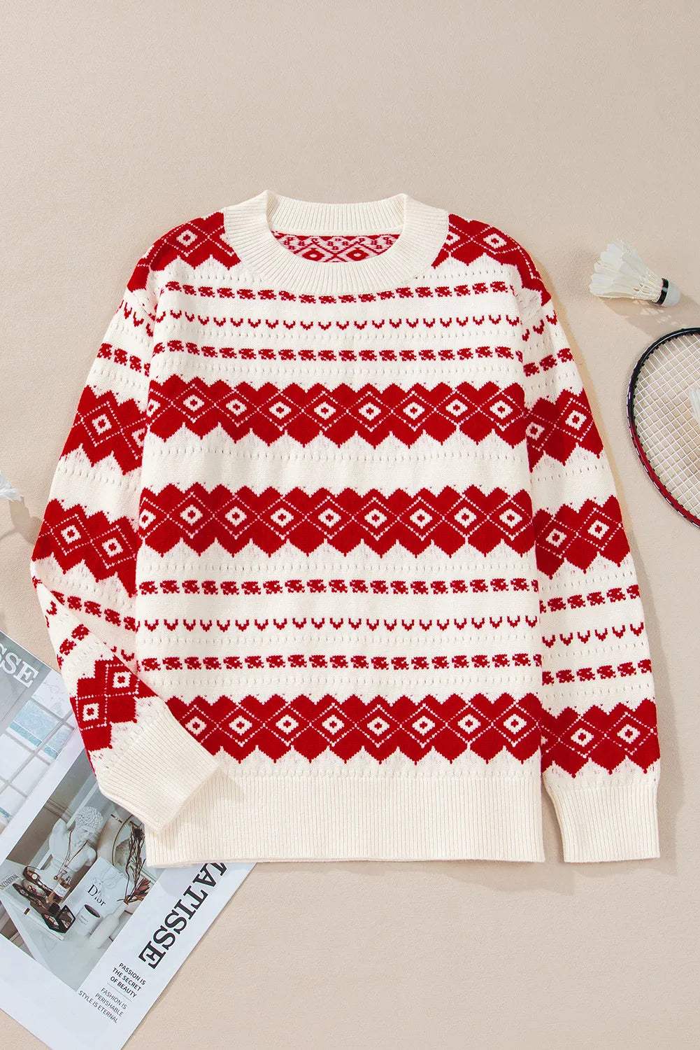 Geometric Round Neck Dropped Shoulder Sweater - Trendsi - Flyclothing LLC