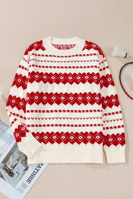 Geometric Round Neck Dropped Shoulder Sweater - Trendsi - Flyclothing LLC