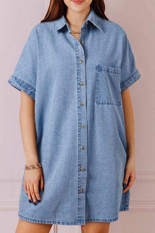 Button Down Short Sleeve Denim Dress - Trendsi - Flyclothing LLC