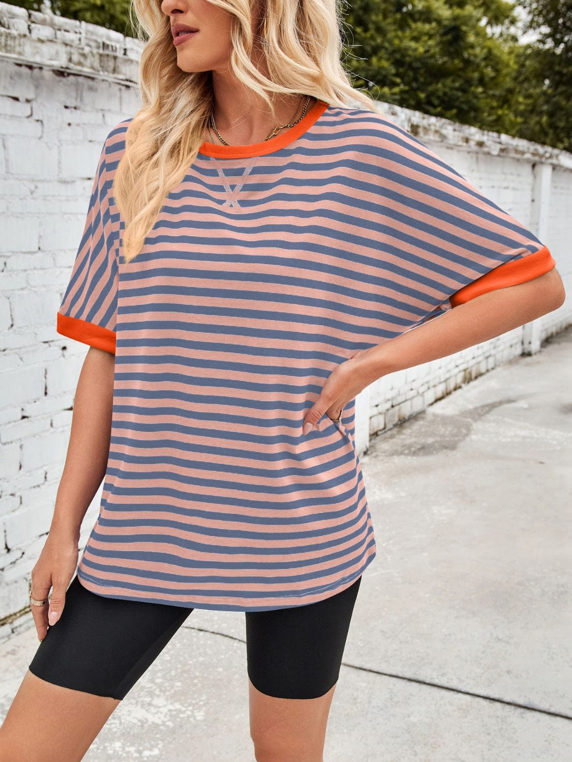 Lovelet Striped Round Neck Half Sleeve T-Shirt - Trendsi