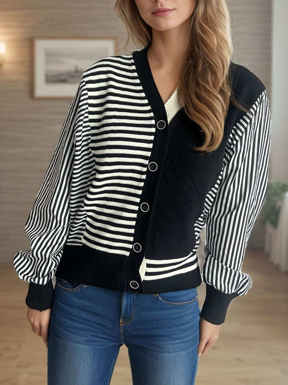 Striped Button Down Long Sleeve Cardigan - Trendsi - Flyclothing LLC