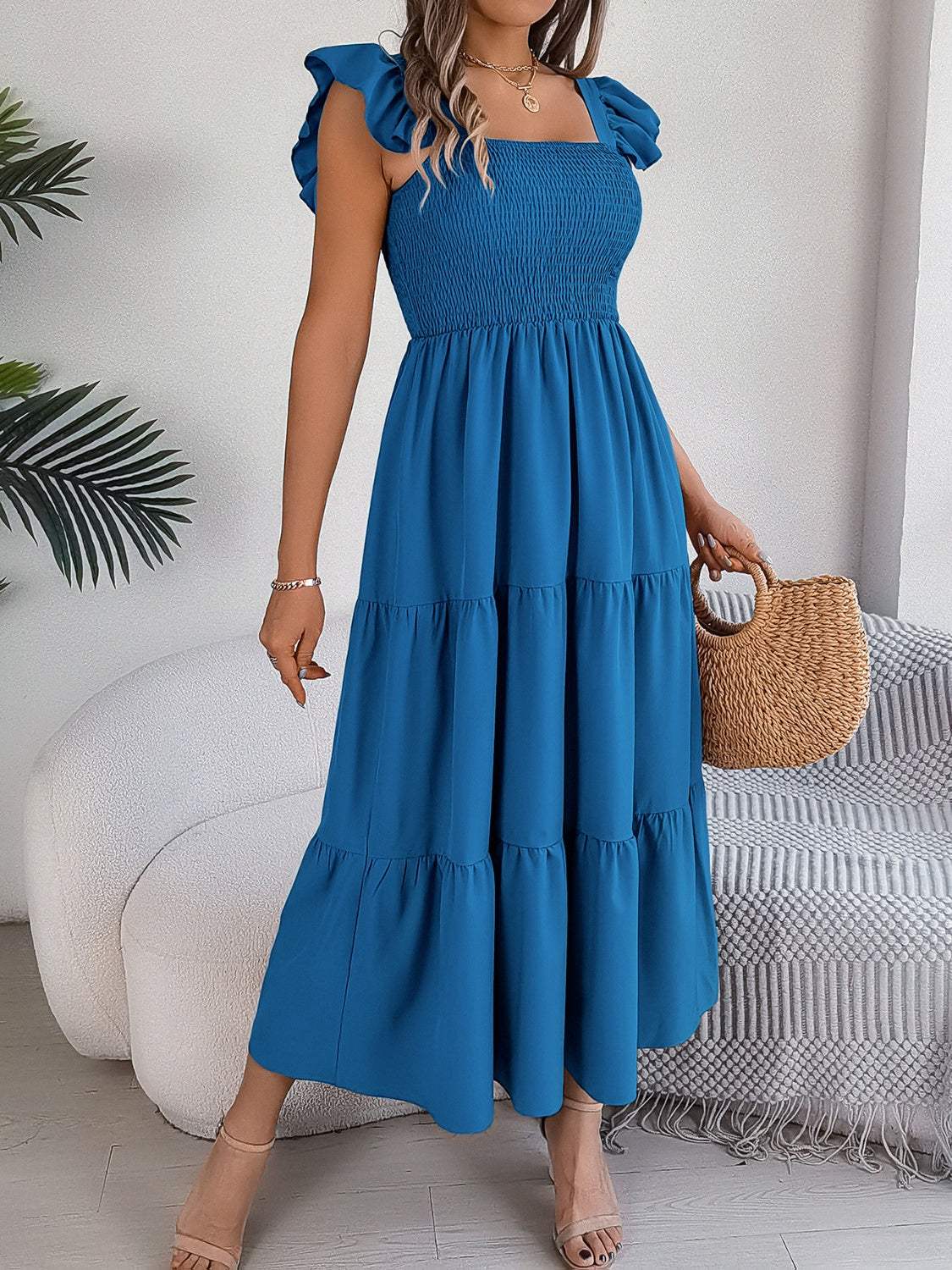 Smocked Square Neck Cap Sleeve Midi Dress - Trendsi - Flyclothing LLC