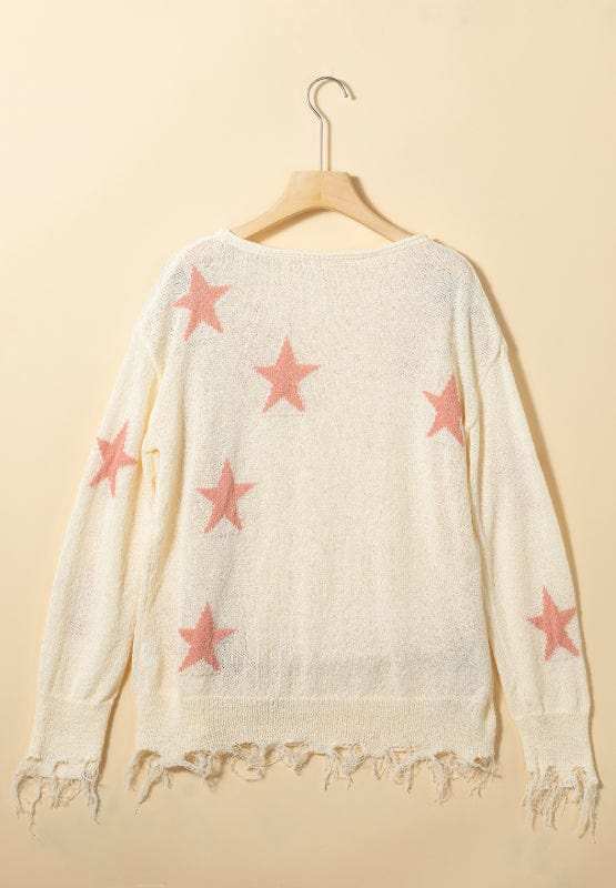 Contrast Star Raw Hem Long Sleeve Knit Top - Trendsi - Flyclothing LLC