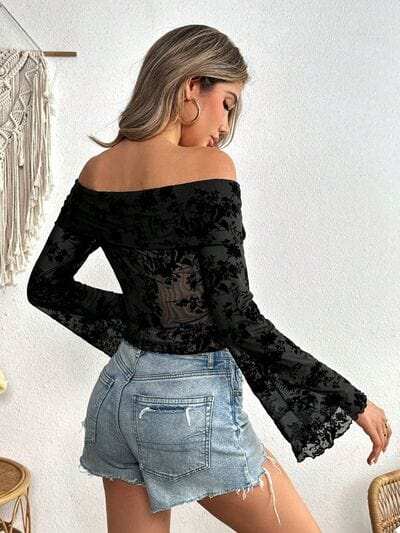 Off-Shoulder Flare Sleeve Lace Top - Trendsi - Flyclothing LLC