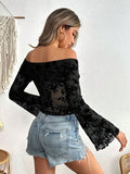 Off-Shoulder Flare Sleeve Lace Top - Trendsi